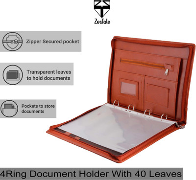 ZesTale Professional leatherette 4 Ring Document File Folder/ Certificate Holder(With 40 Leaves)(Set Of 1, Tan)