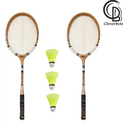 CLOVERBYTE Wooden Badminton kit Set Of 2 Piece Racquet with 3 Piece Plastic ShuttleCock Badminton Kit