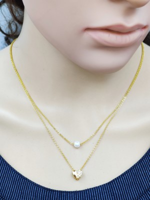 DHARM JEWELS Stylish American Diamond and White Pearl 2 Layer Necklace Golden Satari Chain Heart Pendant for Women and Girls Diamond Gold-plated Plated Brass Chain Diamond Gold-plated Plated Alloy Chain