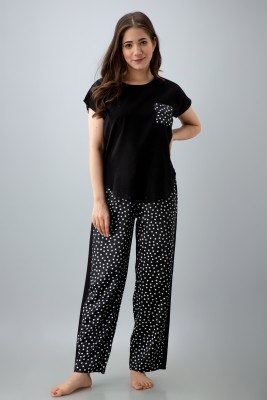 PRETTY LOVING THING Women Polka Print Black Top & Pyjama Set