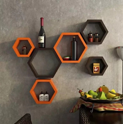 TFS MDF (Medium Density Fiber) Wall Shelf(Number of Shelves - 6, Orange, Black)