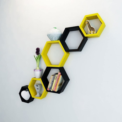 TFS Hexagon Shape Set of 6 Floating Wall Shelves/Wall Racks/Book Shelf MDF (Medium Density Fiber) Wall Shelf(Number of Shelves - 6, Yellow, Black)