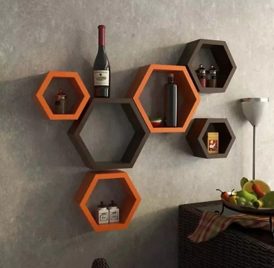 TFS Hexagon Shape Set of 6 Floating Wall Shelves/Wall Racks/Book Shelf MDF (Medium Density Fiber) Wall Shelf(Number of Shelves - 6, Orange, Brown)