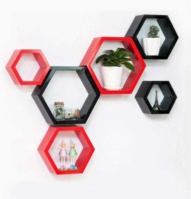TFS Hexagon Shape Set of 6 Floating Wall Shelves/Wall Racks/Book Shelf MDF (Medium Density Fiber) Wall Shelf(Number of Shelves - 6, Red, Black)