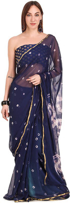 JustEthnic Printed Bandhani Chiffon Saree(Dark Blue)