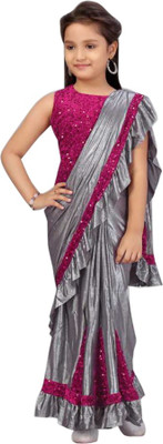 UpLevelBucket Self Design, Embellished, Applique, Solid/Plain Bollywood Velvet, Silk Blend Saree(Silver, Pink)