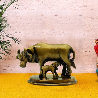 Dalvkot Cow and Calf Statue for Pooja Brass / Kamdhenu Cow and Calf Showpiece for Home Decor Decorative Showpiece  -  7 cm(Brass, Gold)