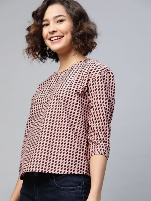 HERE&NOW Casual 3/4 Sleeve Checkered Women Pink Top