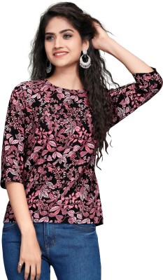 Myy Casual Short Sleeve Floral Print Women Maroon Top