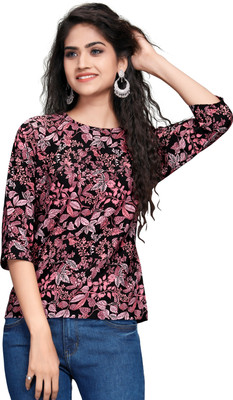 Myy Casual Short Sleeve Floral Print Women Maroon Top