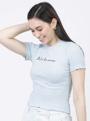 Tokyo Talkies Casual Short Sleeve Solid Women Blue Top