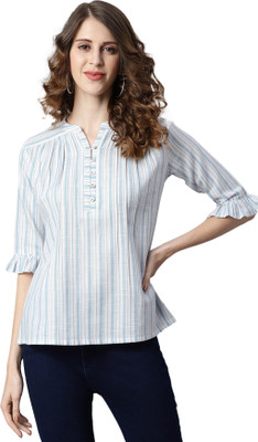 Janasya Casual 3/4 Sleeve Striped Women White Top