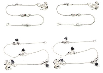 Frolics India Combo of 2 Designer Silver Sleek Round Beads and Black Beads Studded Ghungroo (Bells) Alloy Anklet(Pack of 4)