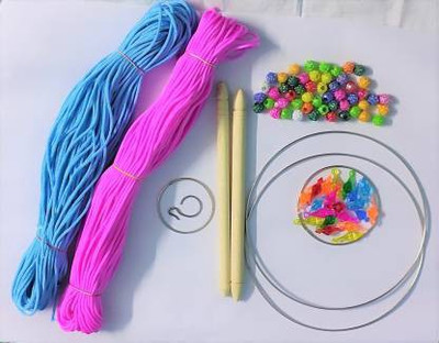 CHL Macrame cord set of 5 ITEMS 100 M Macramé (Pink,Brown),Round ring(8),Stick(4),Beads 100 &Bells(100)