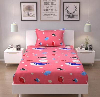 Kawi 200 TC Polycotton Single Printed Fitted (Elastic) Bedsheet(Pack of 1, Pink)