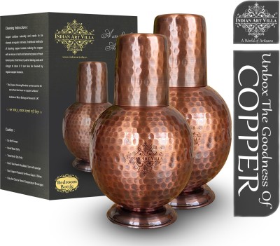IndianArtVilla Pure Copper Bedroom Water Bottle With Inbuilt Glass & Antique Surahi Design 750 ml Bottle(Pack of 2, Copper, Brown, Copper)
