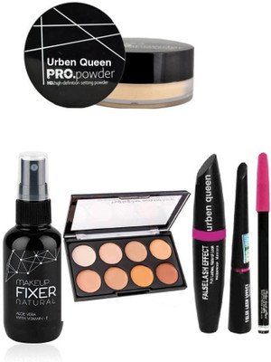 URBEN QUEEN FIXEER & Concealer highlighter contour (3 in 1 palette ) & mascara & eyeliner & eyebrow pencil & loose powder matte ( 6 items )(6 Items in the set)