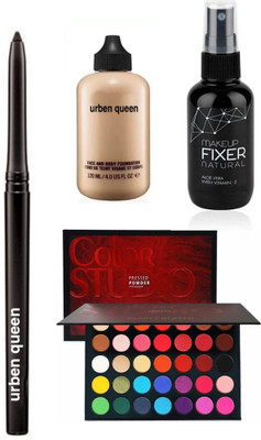 URBEN QUEEN KAJAL & COLOR STUDIO EYESHADOW PALETTE & Matte Foundation bottle & fixer ( 4 ITEMS )(4 Items in the set)