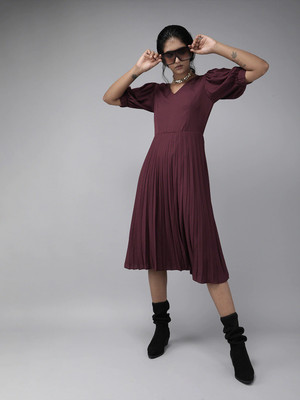RARE Women Fit and Flare Maroon Midi/Calf Length Dress