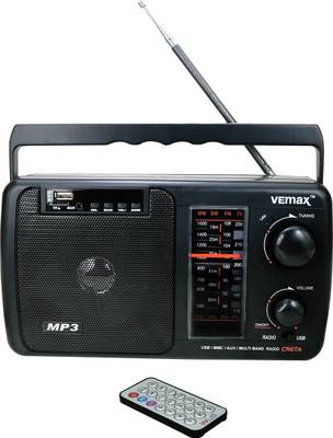 Vemax Creta Multiple Band (FM/AM/MW/USB/AUX/MMC) Bluetooth Portable Radio with Remote, Charging Lead (Black) FM Radio FM Radio  (Black)