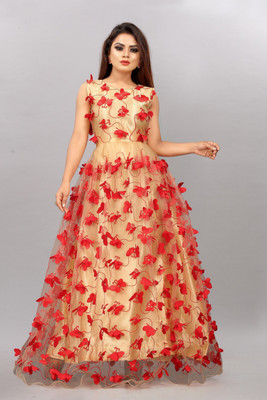 Saree Collection Flared/A-line Gown(Beige, Red)