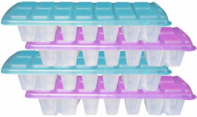 Wonder Plastic Prime Keroline Big Fridge Ice Tray with Lid, Set of 4 Tray 14 Cube, Violet Green Color, Made in India, KBS03846 Purple, Green Plastic Ice Cube Tray(Pack of4)