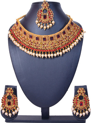 KAHAR CREATION Alloy Gold-plated Maroon Jewellery Set(Pack of 1)
