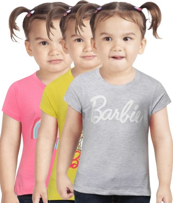 BARBIE Girls Graphic Print Pure Cotton T Shirt(Multicolor, Pack of 3)