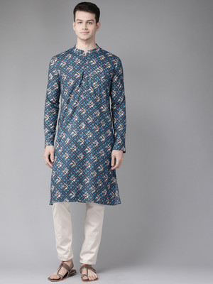 See Designs Men Block Print Straight Kurta(Blue)