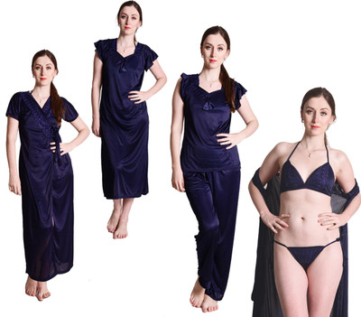 SENSLIFE Women Nighty with Robe(Blue)