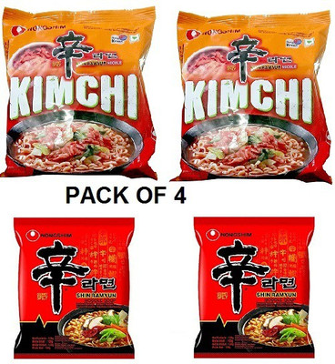 Nongshim Shin Ramyun 2X 120 & Shin Kimchi Instant Noodles 120gm*2 Pack (Pack of 4 Multi-Pack) (Imported) Instant Noodles Vegetarian(4 x 120 g)
