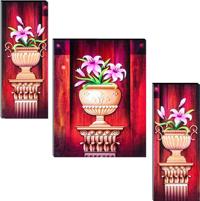 Indianara Set of 3 Pink Hibiscus Flowers in the Pot MDF Art Painting (3590 FL) without glass (4.5 X 12, 9 X 12, 4.5 X 12 INCH) Digital Reprint 12 inch x 18 inch Painting(With Frame, Pack of 3)