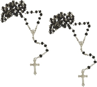 Adhvik (Set Of 2 Pcs) Unisex 8mm Black Stone Crucifix Rosary Crystal Beads Moti Pearl Metal Lord Holy Jesus Christ Cross Christian Catholic Cutting Fashion Isa Masih Locket Pendant Necklace With Chain Christmas Saint Praying Religious Spiritual Jewellery Set Silver Stainless Steel