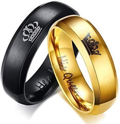 Jewelgenics 2Pcs Her King His Queen Titanium Stainless Steel Black & Gold Couple Rings Stainless Steel Gold Plated Ring Set