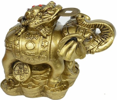 PPJ FENGSHUI VASTU FENGSHUI/VASTU GOLDEN ELEPHANT WITH TRUNK UP ON INGOT AND COINS FOR WEALTH GOOD LUCK FORTUNE ,WEALTH, HEALTH AND PROSPERITYLOVE AMONG WEALTH (PACK OF1) 4 inch X 3 inch x 2 inch Decorative Showpiece  -  8 cm(Polyresin, Gold)