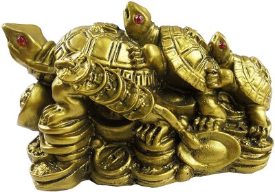 PPJ FENGSHUI VASTU TRIPLE TORTOISE SYMBOL LONGEVITY, HAPPINESS 3 TORTOISE TURTLE ON EACH OTHER SYMBOL PROTECTION,WEALTH, HEALTH AND PROSPERITYLOVE AMONG WEALTH (PACK OF1) 4.5 inch x3 inch x 2.5 inch Decorative Showpiece  -  8 cm(Polyresin, Gold)