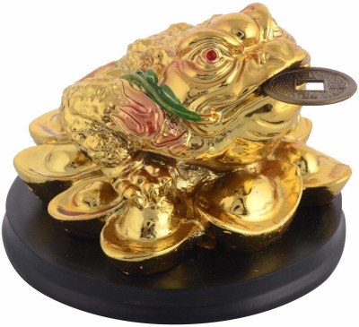 PPJ Feng Shui Vastu Golden Frog with Coins (3 Inch x 3 Inch) Feng Shui King Money Toad Three Legged Frog on Wealth Bed in Brass Finish for Prosperity Financial Business Good Luck Decorative Showpiece  -  8 cm(Polyresin, Gold)
