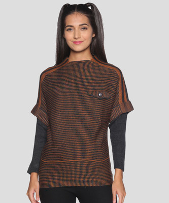 CAMPUS SUTRA Woven Round Neck Casual Women Brown Sweater