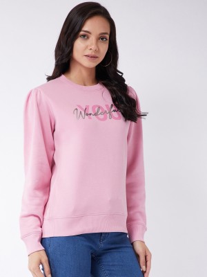 Modeve Printed Round Neck Casual Women Pink Sweater