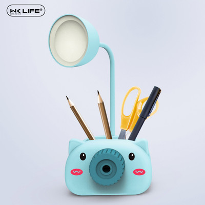 Wk Life USB Rechargeable Table Desk Lamp Cute Cartoon Pen Holder with Pencil Sharpener Flexible Neck Eye-Caring Night Light Phone Stand for Office Home Bedroom School Students Study Reading Study Lamp(21 cm, Blue)