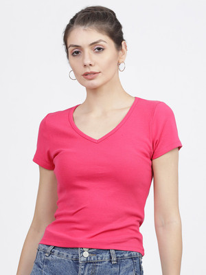 Tokyo Talkies Casual Short Sleeve Solid Women Pink Top