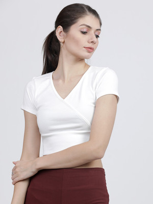 Tokyo Talkies Casual Short Sleeve Solid Women White Top