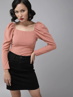 RARE Casual 3/4 Sleeve Solid Women Pink Top