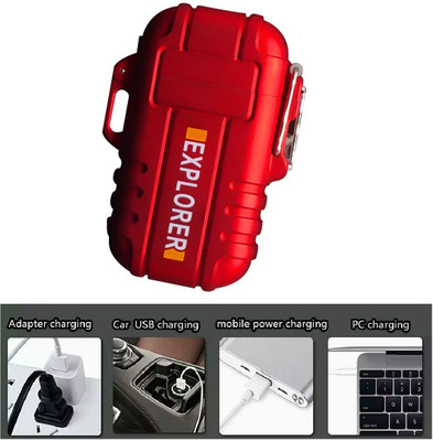 Explorer Waterproof Double ARC Plasma Heavy Alloy Made Flameless Rechargeable Lighter ™ Military Green Windproof and Waterproof Beautiful And Gifting Purpose For Cigarette Lovers Mini Pocket Size Lighter | No Flame | No Gas | No Smell | Cigarette Lighter, USB Cable(Red)