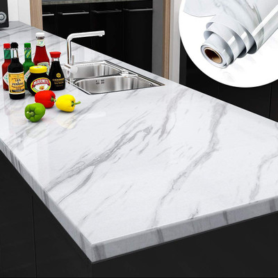 Rhydon 198.12 cm Grey White Marble Wallpaper Peel Stick Faux Glossy Granite Contact Paper Self Adhesive Removable Vinyl Wall Paper Sticker for Kitchen Island Countertops Bedroom Cupboard Cabinet Self Adhesive Sticker(Pack of 1)