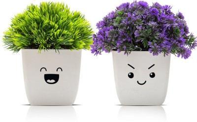 Amputive Artificial Plant Cute Bushy Shrub Topiary Shrub with Lovely Face Pots for Home/Office Decoration & Gifting Purpose-Set of 2-AG1 Green, Purple Cherry Blossom Artificial Flower  with Pot(4.7 inch, Pack of 2, Flower Bunch)