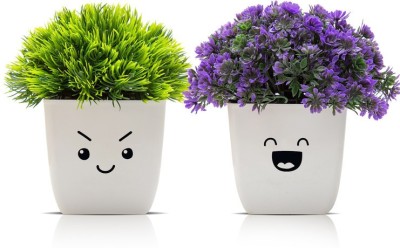 Amputive Artificial Plant Cute Bushy Shrub Topiary Shrub with Lovely Face Pots for Home/Office Decoration-Size 12*6.5cm-Set of 2-AD28 Artificial Plant  with Pot(12 cm, Green, Purple)