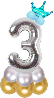 Shopperskart Solid Presents 3rd/Third Number Prince Foil Balloon Set for Birthday Party Decoration Balloon(Silver, Blue, Gold, Pack of 13)