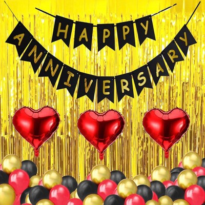 Realistic Store Solid Anniversary Decoration For Home Kit with Happy Anniversary Banner,2 pcs Golden Curtains & 3 pcs Red Heart Foil with 30 pcs HD Metallic Balloons (red, black & gold) Decoration Kit Set Decorations Items Combo Balloon(Multicolor, Pack of 36)