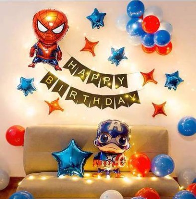 Anayatech Spiderman and captain america theme birthday combo-1 birthday banner,1 spiderman,1 captain america,1 led light,9 star foil,50 balloon-pack of 62(Set of 62)
